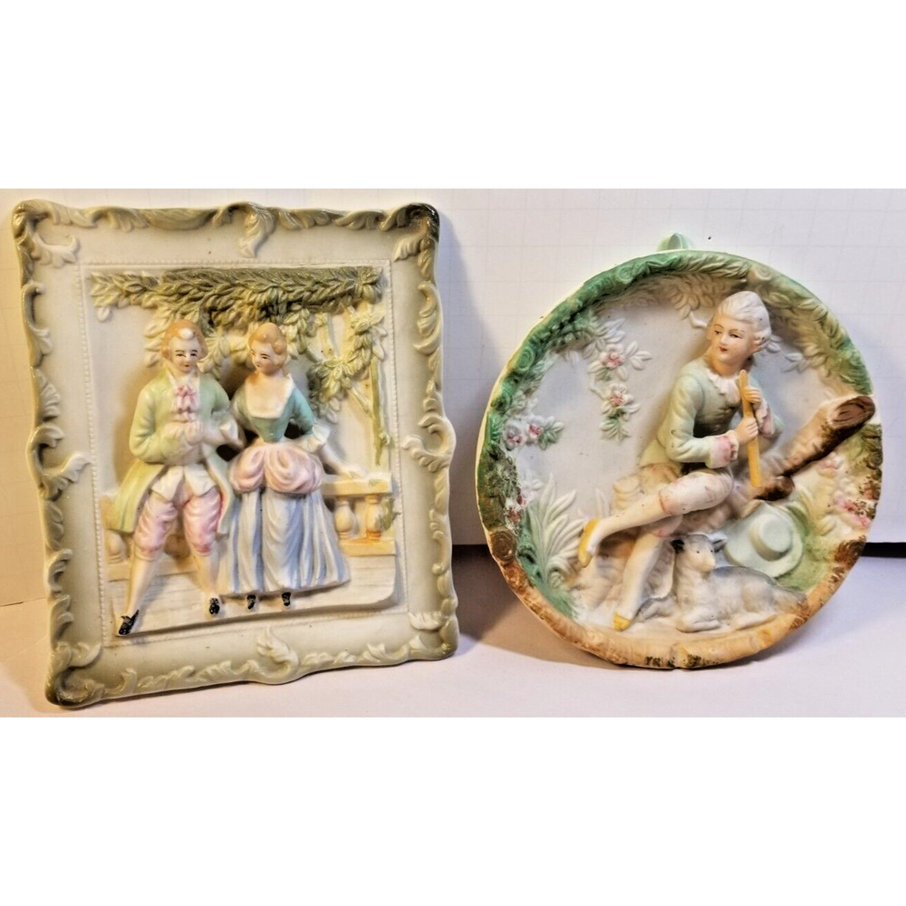 Vintage Pair 3 D Bisque Porcelain Victorian Couple Occupied Japan Wall Plaques